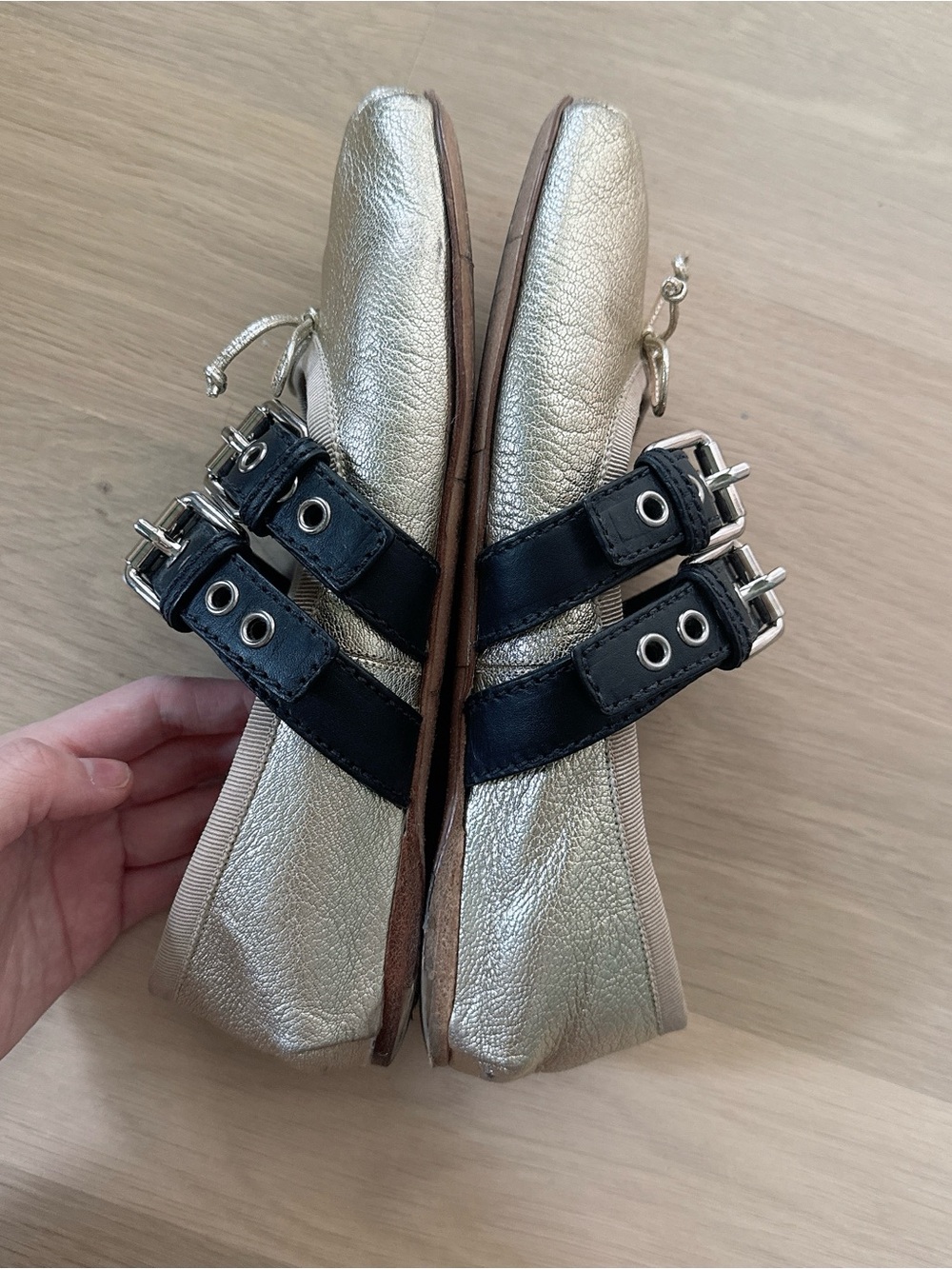 RARE Miu Miu Metallic Leather Ballet Flats with Buckled Straps & Ribbon Laces - Picture 9 of 12
